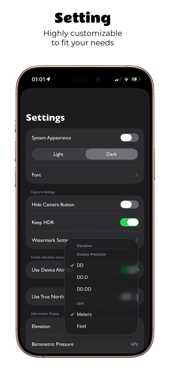 Detailed altitude, unit, and camera settings