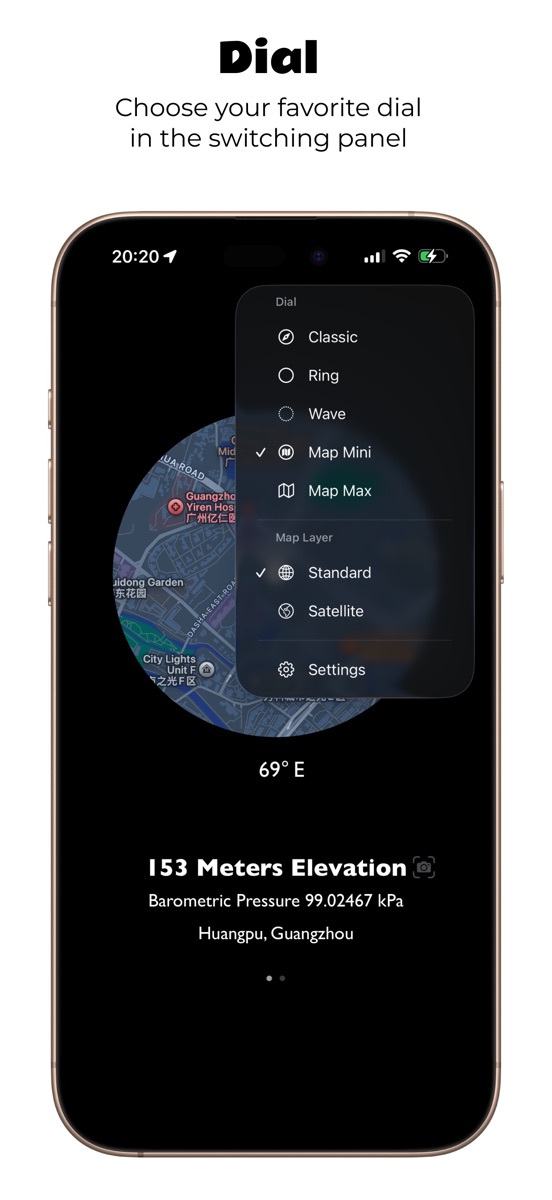 Compass dial and map dial selection
